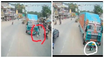 सड़क पर मचा हड़कंप, कंटेनर की चपेट में आने से बची छात्रा